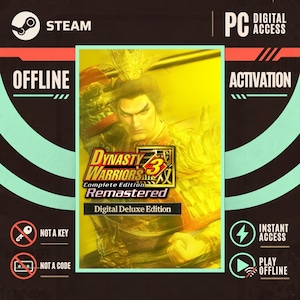 May include: A digital product cover for Dynasty Warriors 3 Complete Edition Remastered Digital Deluxe Edition featuring a yellow-toned warrior illustration. The graphic includes text labels for Steam, PC Digital Access, Offline Activation, Not a Key, Not a Code, Instant Access, and Play Offline.