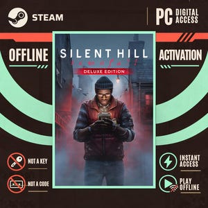 Puede incluir: Una portada de juego digital para Silent Hill Deluxe Edition con una persona con chaleco rojo y gorro mirando un dispositivo portátil. El gráfico incluye el texto Steam, PC Digital Access, Offline Activation, Not a Key y Not a Code.