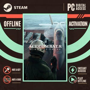 Puede incluir: Un gráfico de producto digital para Ace Combat 8: Wings of Theve que muestra un avión de combate en una cubierta de vuelo y un piloto con casco. El diseño incluye etiquetas de texto para Steam, PC Digital Access, Offline Activation, Not a Key, Not a Code, Instant Access y Play Offline.