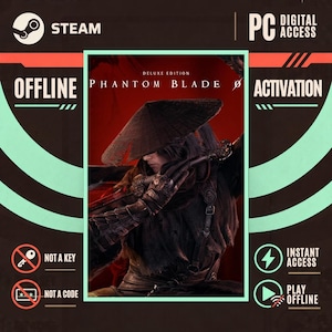 May include: A digital access card for the PC game Phantom Blade 0 Deluxe Edition. The graphic features a character wearing a conical hat against a red background. Text includes Steam, Offline Activation, Not a Key, Not a Code, and Instant Access.