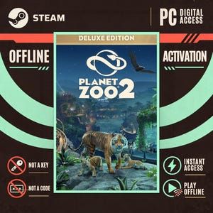 Pode incluir: Uma capa de jogo digital para Planet Zoo 2 Deluxe Edition com um tigre e dois filhotes em um habitat exuberante. O gráfico inclui os textos Steam, PC Digital Access, Offline Activation, Not a Key, Not a Code, Instant Access e Play Offline.