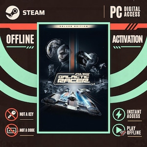 Puede incluir: Un listado de producto digital para Star Wars Galactic Racer Deluxe Edition en PC. El gráfico muestra vehículos de carreras espaciales, cuerpos planetarios y siluetas de personajes. El texto incluye Steam, PC Digital Access, Offline Activation, Not a Key, Not a Code, Instant Access y Play Offline.