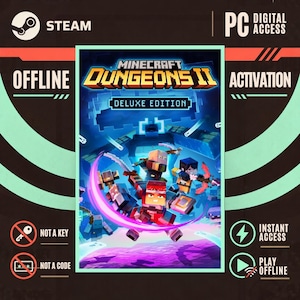 Puede incluir: Una portada de juego digital para Minecraft Dungeons II Deluxe Edition con personajes en bloques en un entorno de fantasía azul y morado. El texto incluye STEAM, PC DIGITAL ACCESS, OFFLINE ACTIVATION, NOT A KEY, NOT A CODE, INSTANT ACCESS y PLAY OFFLINE.