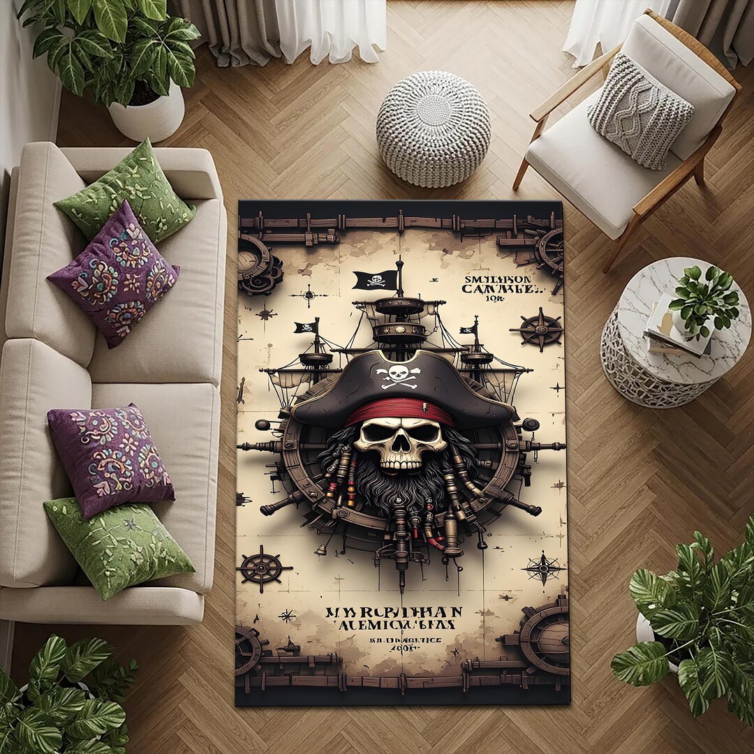 Pirate Skull Rug – Vintage Pirate Ship Wheel Area Carpet for Home Decor ...