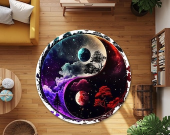 宇宙の陰陽銀河ラウンドラグ • 天の月と宇宙のデザインサークルラグ • バランス自然宇宙アートラウンド瞑想ラウンドラグ