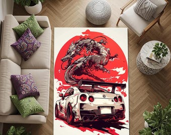 日産 GT-R R35 JDM アートラグ、カープリントラグ、車好きの方、ゲームルームやガレージに最適な風景自動車エリアラグ、GT-R スカイライン、スポーツカーラグ