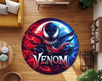 ヴェノム・スパイダーマン ラウンドラグ：モダンな子供部屋の装飾、スーパーヒーローの円形ラグ、ヴェノム風フェイスラウンドラグ、ゲーマールームの装飾、ヴェノムラグ