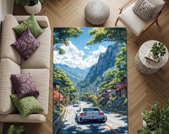 日産 GT-R R35 JDM アートラグ – 日本の山道の風景を描いたカーペット、車好きの方、ゲームルームやガレージに最適な風景のある自動車エリアラグ、GT-R スカイライン