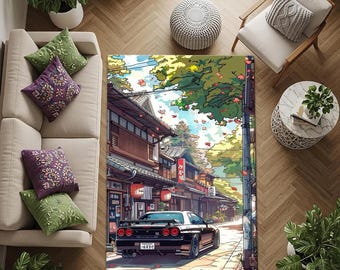 日産 GT-R R34 JDM アートラグ – 日本の都市アニメスタイルの車用ラグデザイン、車好きの方、ゲームルームやガレージに最適な自動車用エリアラグ、GT-R スカイライン