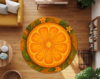 Runder Orange Scheiben Teppich | Zitrusfrüchte Design Teppich für Küche & Wohnzimmer | Lebendige Orange Runde Teppich Wohnkultur | Kinderzimmer Dekor