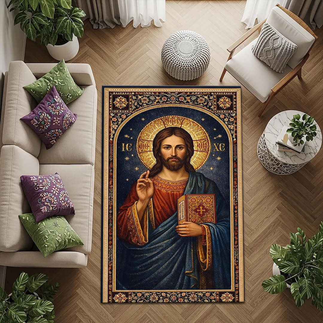 Jesus Christ Icon Area Rug, Christian Religious Decor Rug, Sacred Gold ...