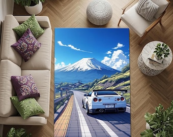 日産 GT-R R34 JDM アートラグ – 日本の山道の風景を描いたカーペット。車好きの方、ゲームルームやガレージに最適な風景のある自動車エリアラグ。GT-R スカイライン。
