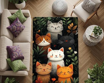 プリント柄の緑とオレンジのエリアラグ、かわいい猫とジャングルの葉っぱ柄の機械織りカーペット、気まぐれな子猫柄ラグ、洗える子供用フロアデコレーションマット