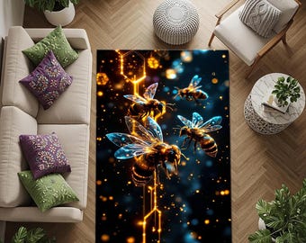 May include: A rectangular rug featuring a digital art design of several bees with glowing blue wings and golden accents. The bees are set against a dark blue background with bokeh effects. The rug is placed on a wooden floor.