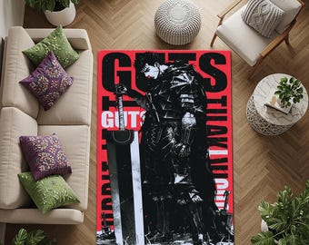 May include: A rectangular red and black area rug featuring a manga-style illustration of a character holding a large sword. The rug has the word "GUTS" in large white letters and other text. The illustration is in black and white.