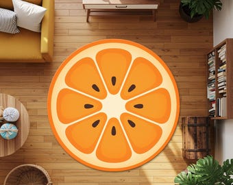 Orangefarbener runder Teppich, Digitaldruck-Obstscheibenteppich für Wohnzimmer, Küche & Kinderzimmerdekor, Babyzimmerdekor, Geschenk für Kinder, Obstteppich