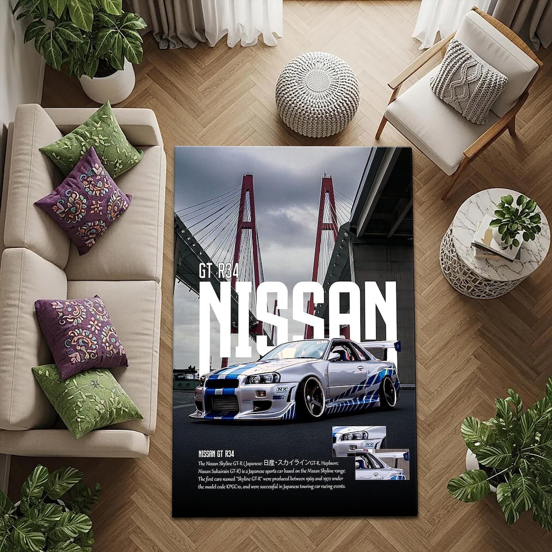 Nissan Gt R Rug Nissan GT-R R34 JDM Rug –sports Car Rug, Scenic Automotive Area Rug for ...