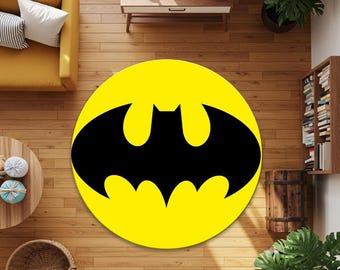 バットマン ラウンドラグ：モダンな子供部屋の装飾、スーパーヒーローサークルラグ、ゲーマールームの装飾、バットマンロゴラグ、バットマンの装飾、映画ファンへのギフト