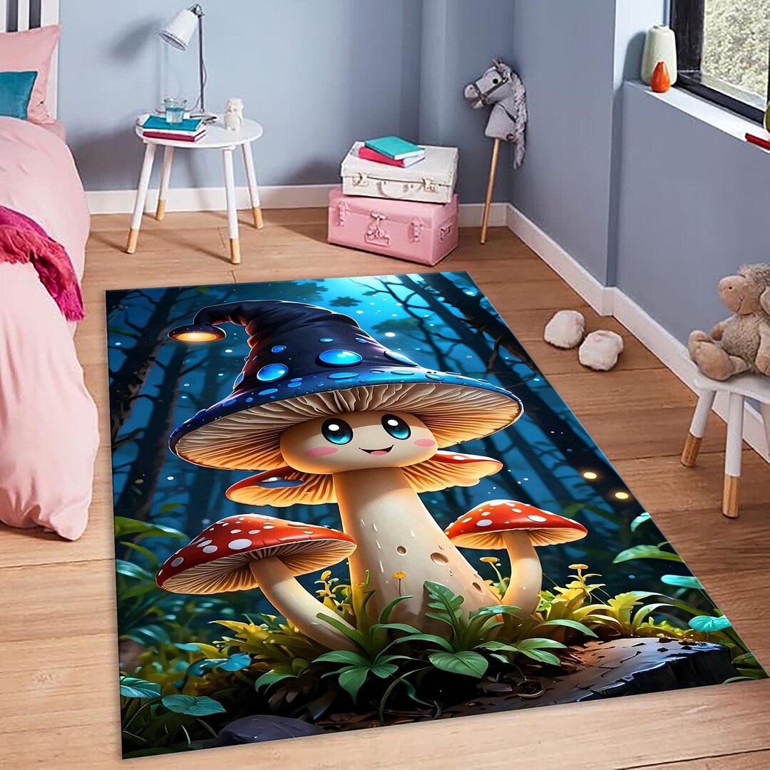 Fairy Blue Rug Cute Mushroom Fairy Rug for Kids Room Nursery Decor Magical Forest ...