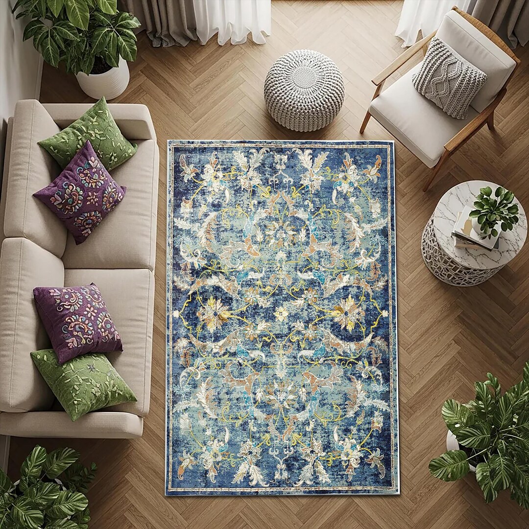 Luxury Blue Floral Rug Vintage Classic Pattern Elegant Traditional ...