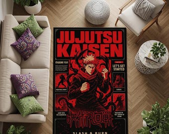 May include: Black rectangular rug featuring the text "JUJUTSU KAISEN" in red. The rug has a central illustration of an anime character in a black jacket. Additional text includes "ITADORI YU!!", "LET'S GET STARTED", and "SLASH & BURN".