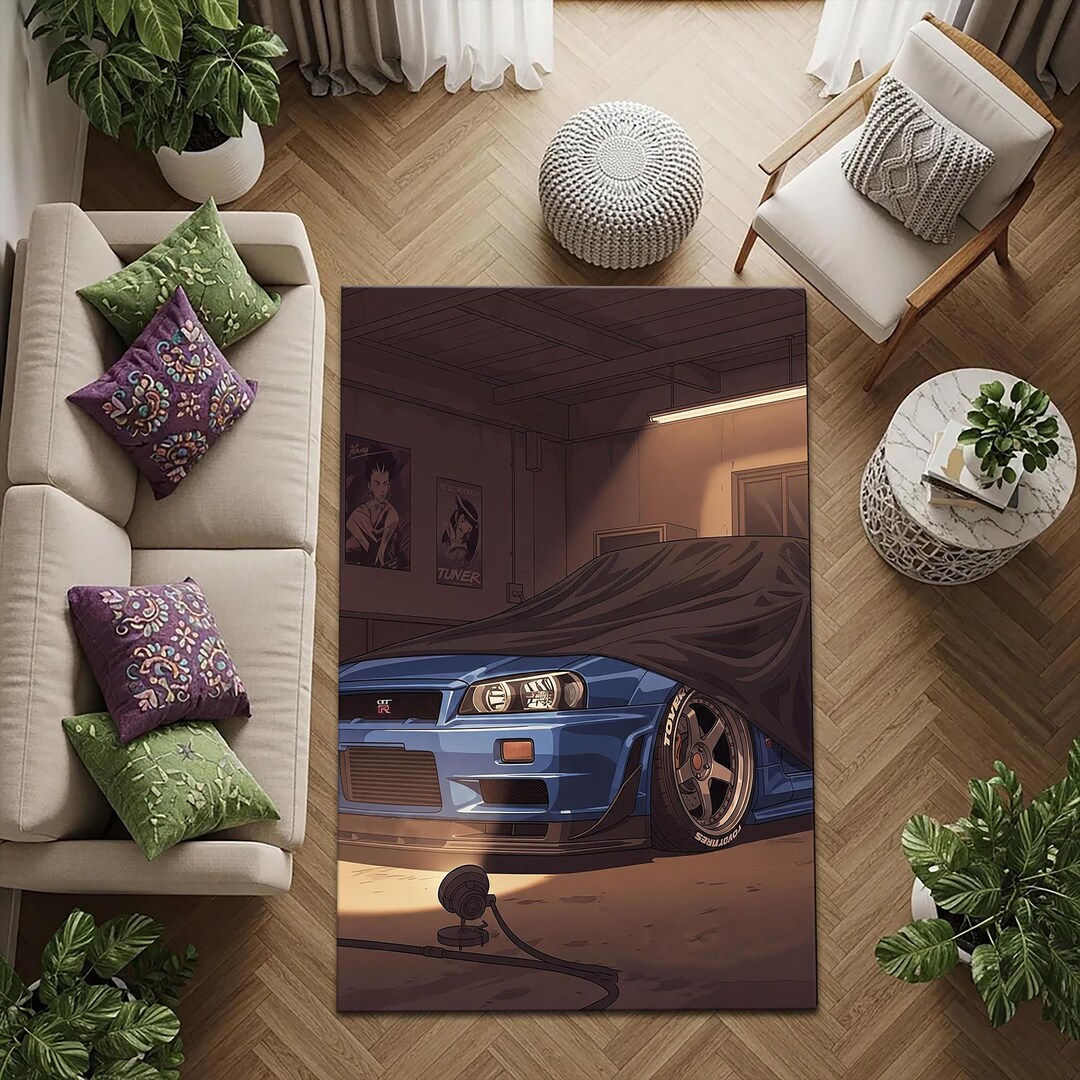Nissan GT-R R34 JDM Rug, Sporst Car Rug, Scenic Automotive Area Rug for ...