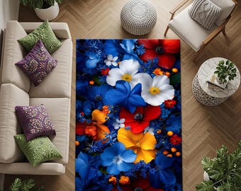 Vibrant Floral Area Rug | Colorful Flower Pattern Carpet for Living Room | Modern Botanical Decorative Rug Design | Abstract Floral Area Rug