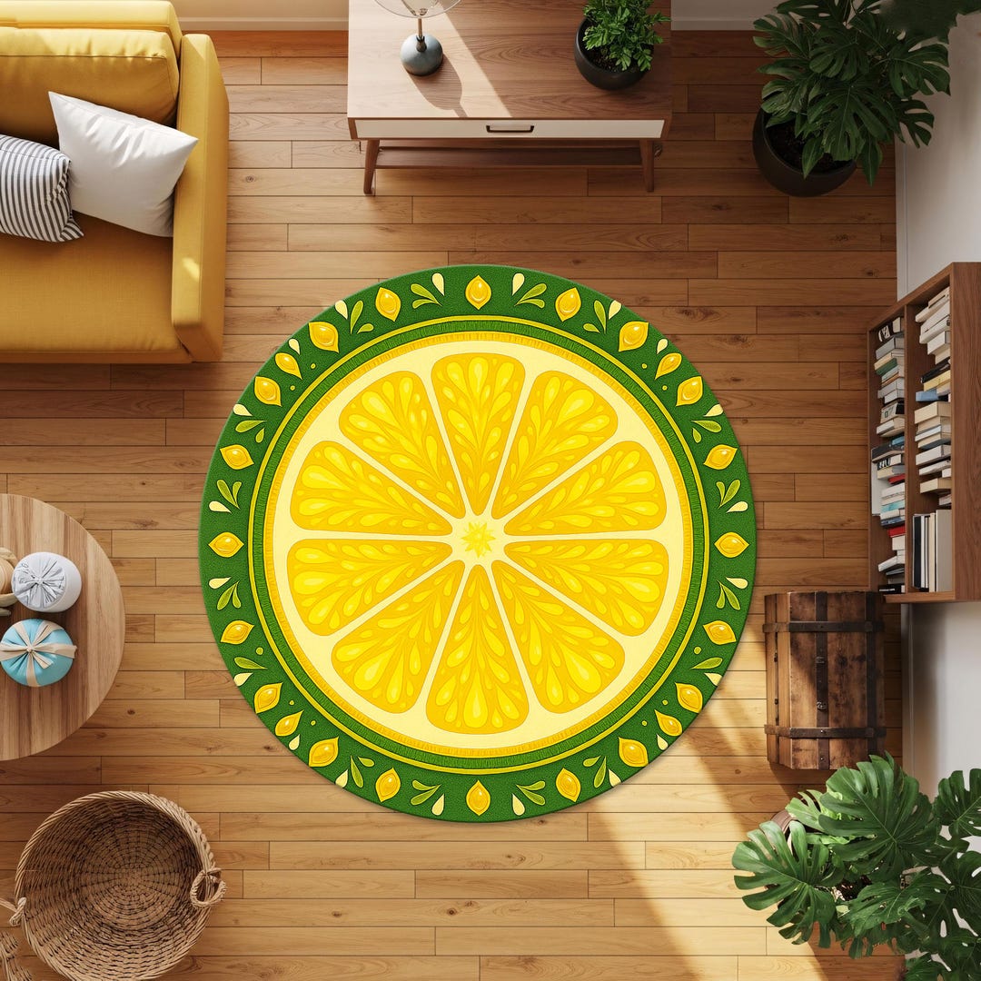 Yellow Lemon Slice Round Rug – Fresh Citrus Inspired Circular Carpet ...