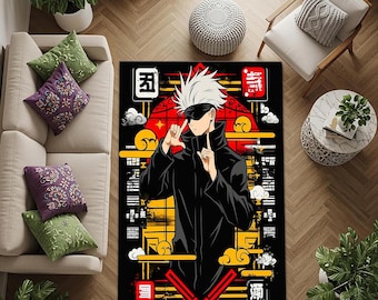 May include: Black rectangular area rug featuring a stylized anime character with white hair and a black blindfold. The rug has a black background with red, yellow, and white graphic elements, including Japanese text and cloud designs. The character is wearing a black outfit.