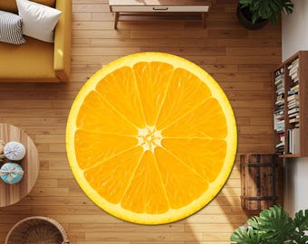 Orangenscheiben in Orangenscheiben mit frischen Zitrusfrüchten für Küche, Kinderzimmer & Wohnkultur | Runder Oranger Teppich | Obst-Liebhaber-Geschenk | Obst Teppich