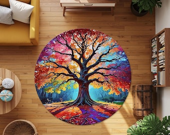 Tree Of Life Round Rug | Vibrant Rainbow Tree Oval Rug | Colorful Nature Art Circle Rug | Boho Forest Mandala Floor Decor | Spiritual Decor