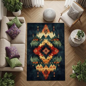 May include: A rectangular area rug with a geometric pattern in shades of navy blue, orange, yellow, and green. The rug features a central diamond shape with intricate designs, surrounded by a border of repeating patterns. The rug is placed on a wooden floor.