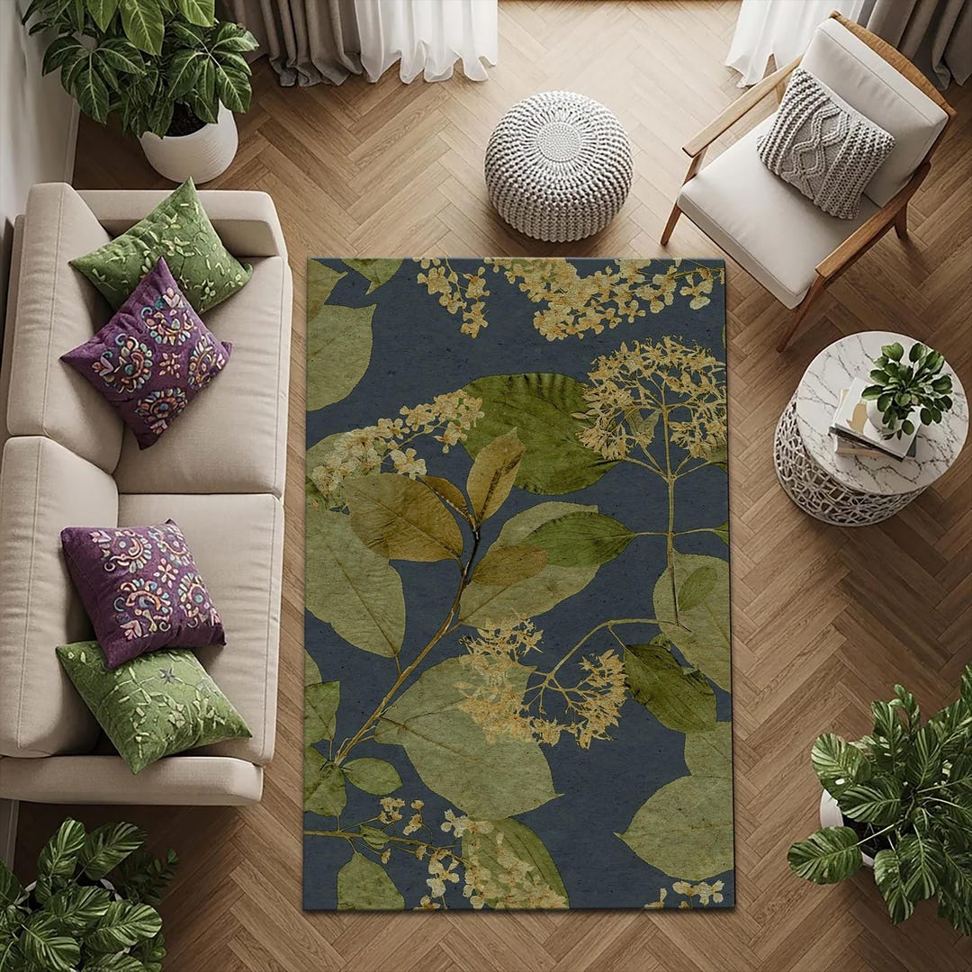 Botanical Floral Printed Area Rug, Vintage Nature Leaf Pattern, Machine ...
