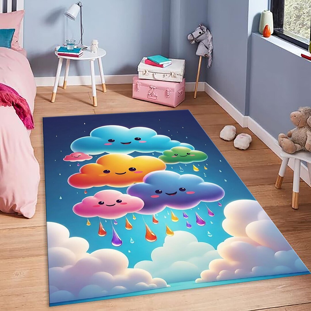 Small Cloud Rug Cute Smiling Clouds Rug for Kids Room Nursery Decor Colorful Rain Cloud ...