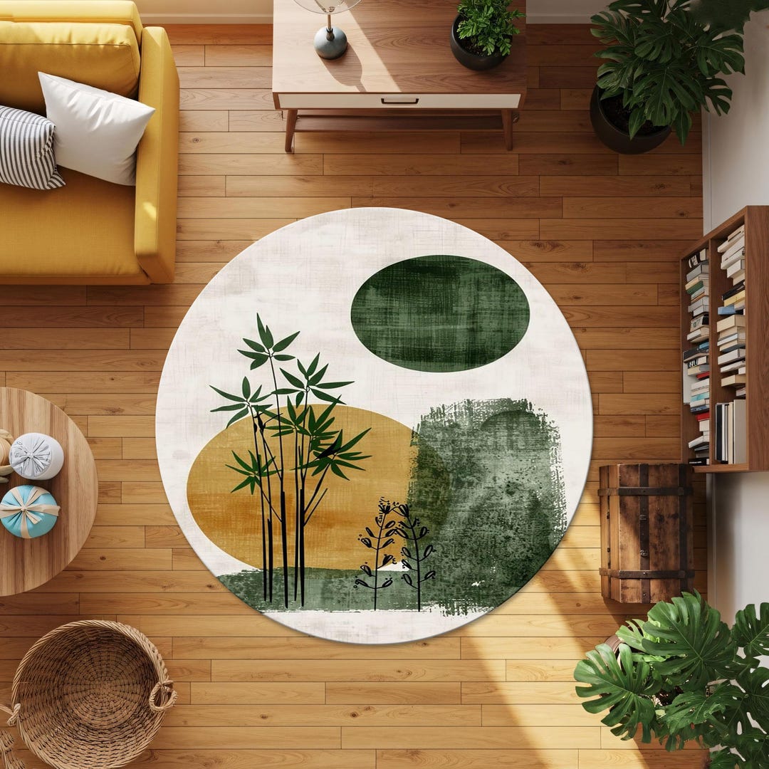 Calming Rug Calming Bamboo Landscape Round Rug -abstract Bamboo Circle Carpet ...