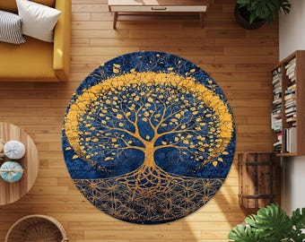 黄金の生命の樹 ラウンドラグ | 芸術的な曼荼羅にインスパイアされた家庭用カーペットデザイン | 神聖なルーツと曼荼羅デザインが施されたスピリチュアルなカーペット