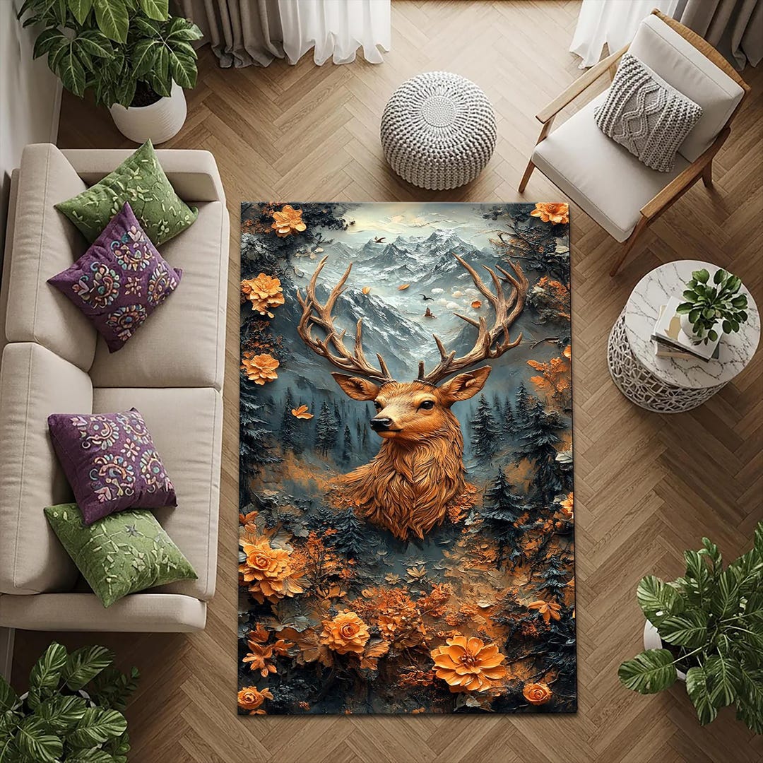 Rustic Deer Area Rug 5x8 6x9 8x10 – Burnt Orange Teal Washable Non Slip ...