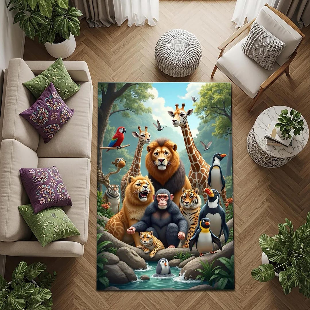 Safari Animals Nursery Rug, Colorful Cartoon Animals, Jungle Animal ...