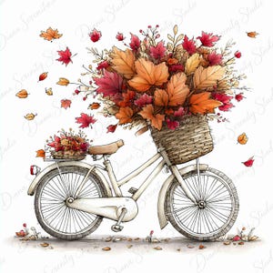 May include: A white bicycle with a large woven basket on the front and a smaller basket on the back, both filled with vibrant red, orange, and yellow autumn leaves. Scattered fall leaves surround the bicycle against a plain white background.