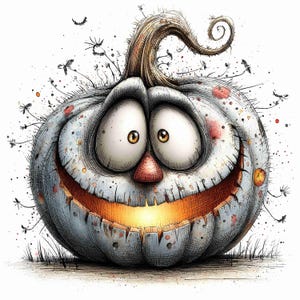 May include: A cartoon-style pumpkin with a light blue and white textured surface, featuring large wide eyes, a small red nose, and a wide, glowing orange mouth. The pumpkin has a curved brown stem and is surrounded by thin, dark, wispy lines.