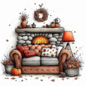May include: A brown tufted sofa with red plaid and white leaf-patterned pillows sits before a stone fireplace with a glowing fire. A floor lamp with a red shade stands nearby, while baskets of autumn foliage and pumpkins decorate the floor.