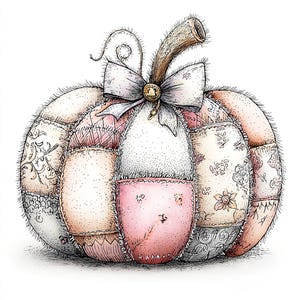 May include: A decorative pumpkin illustration with a patchwork design. The pumpkin features various fabric patterns in shades of pink, cream, and gray. A white bow with a gold button adorns the top, and the stem is brown. The pumpkin has a whimsical, handcrafted appearance.