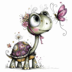 May include: A whimsical illustration of a green turtle with large eyes, wearing a pink headpiece with flowers. The turtle has a purple patterned shell adorned with a small daisy and a butterfly, while a pink butterfly hovers near its face.