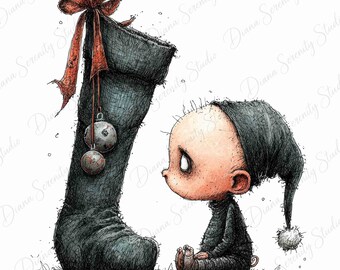 May include: A whimsical illustration of a large, dark, textured Christmas stocking adorned with a prominent red bow and two hanging ornaments, positioned next to a small, bald character wearing a dark, pointed nightcap and matching outfit.