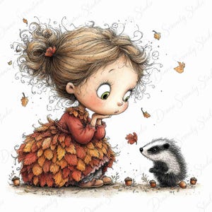 May include: A whimsical illustration of a young person with messy brown hair in a messy bun, wearing a dress made of orange and red autumn leaves, looking down at a small black and white badger surrounded by scattered brown acorns and falling leaves.