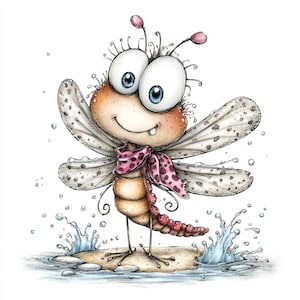 May include: A whimsical cartoon dragonfly with large blue eyes, a pink scarf, and spotted wings. The dragonfly stands on a small island with water splashing around it. The illustration is detailed with watercolor effects.