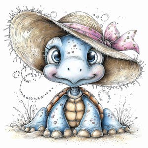 Puede incluir: Una encantadora tortuga de dibujos animados con un cuerpo azul claro, que lleva un sombrero de paja con una cinta floral rosa. La tortuga tiene ojos grandes y expresivos y una expresión sonriente. La ilustración es de estilo acuarela.