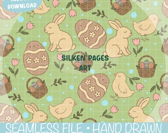 Niedliche Osterhasen Muster | Pastell Frühling Digitales Papier PNG | Bunnies-Küken-Eier-Wiederholungs-Design 12x12 ” | Süßes Ostermotiv