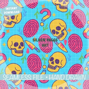 May include: Seamless pattern with yellow skulls, pink fingerprints, question marks, and knives on a light blue grid background. The text "SILKEN PAGES ART" and "HAND DRAWN" are visible. "INSTANT DOWNLOAD" is also visible.
