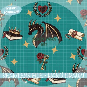May include: Seamless digital file with a teal background featuring a black dragon, gold stars, a heart, a rose, a key, a book with a crown, and a scroll. The text "INSTANT DOWNLOAD" and "SICKEN PAGES ART" are visible.